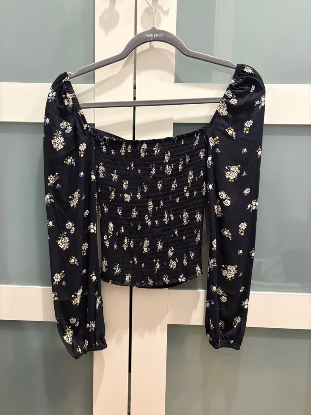 Reformation Black Daisy Puff-Sleeve Square Neck Blouse - Picture 2 of 3